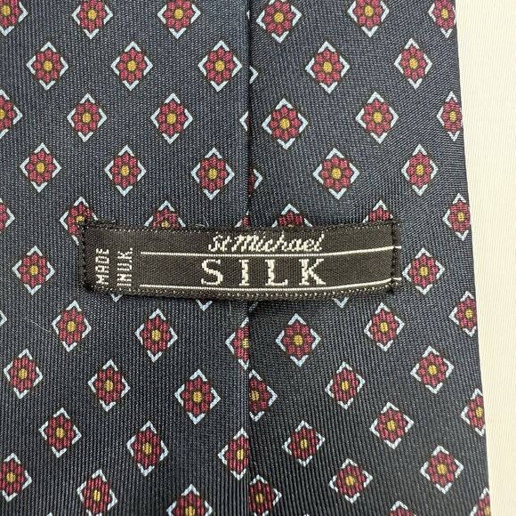 St Michael Vintage Silk Navy Maroon Geometric Floral Neck Tie - Picture 4 of 7